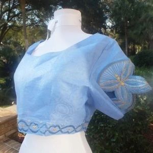 5/$25 Embroidered Crop Top with cut out sleeves, Light Blue, Medium